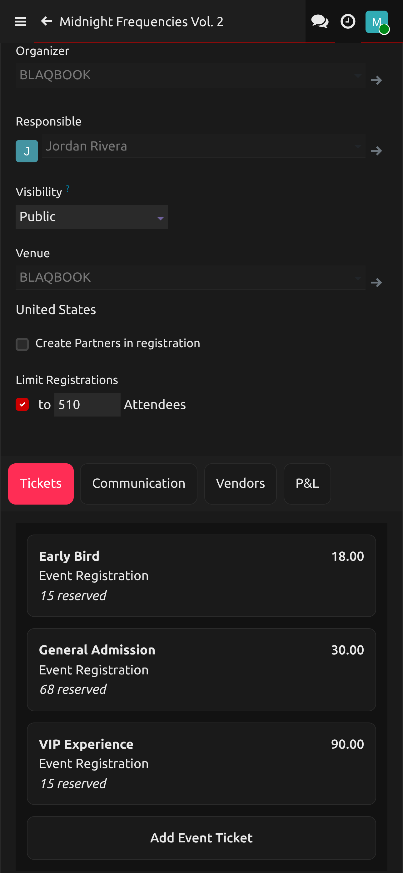 The ticket view of an event