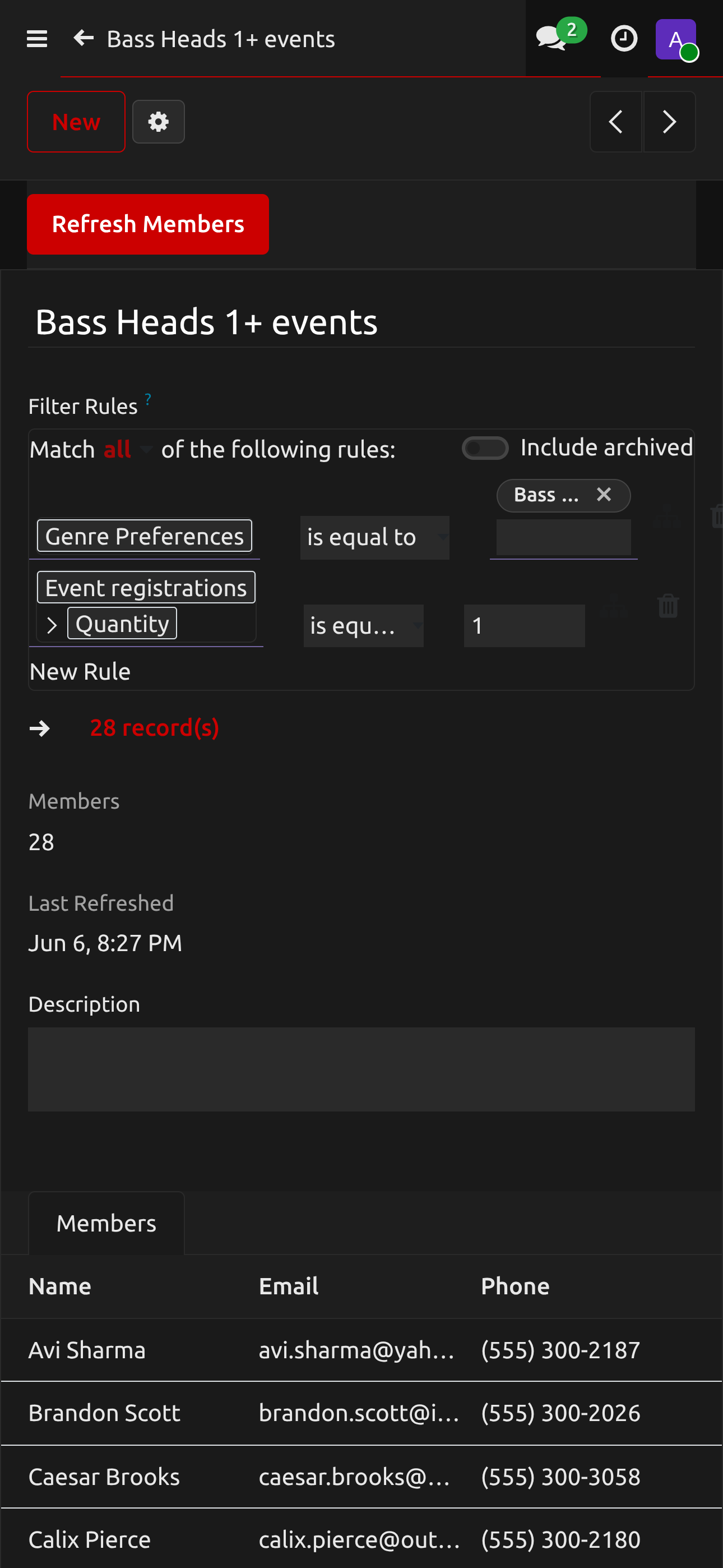 Building a contact segment with filter rows