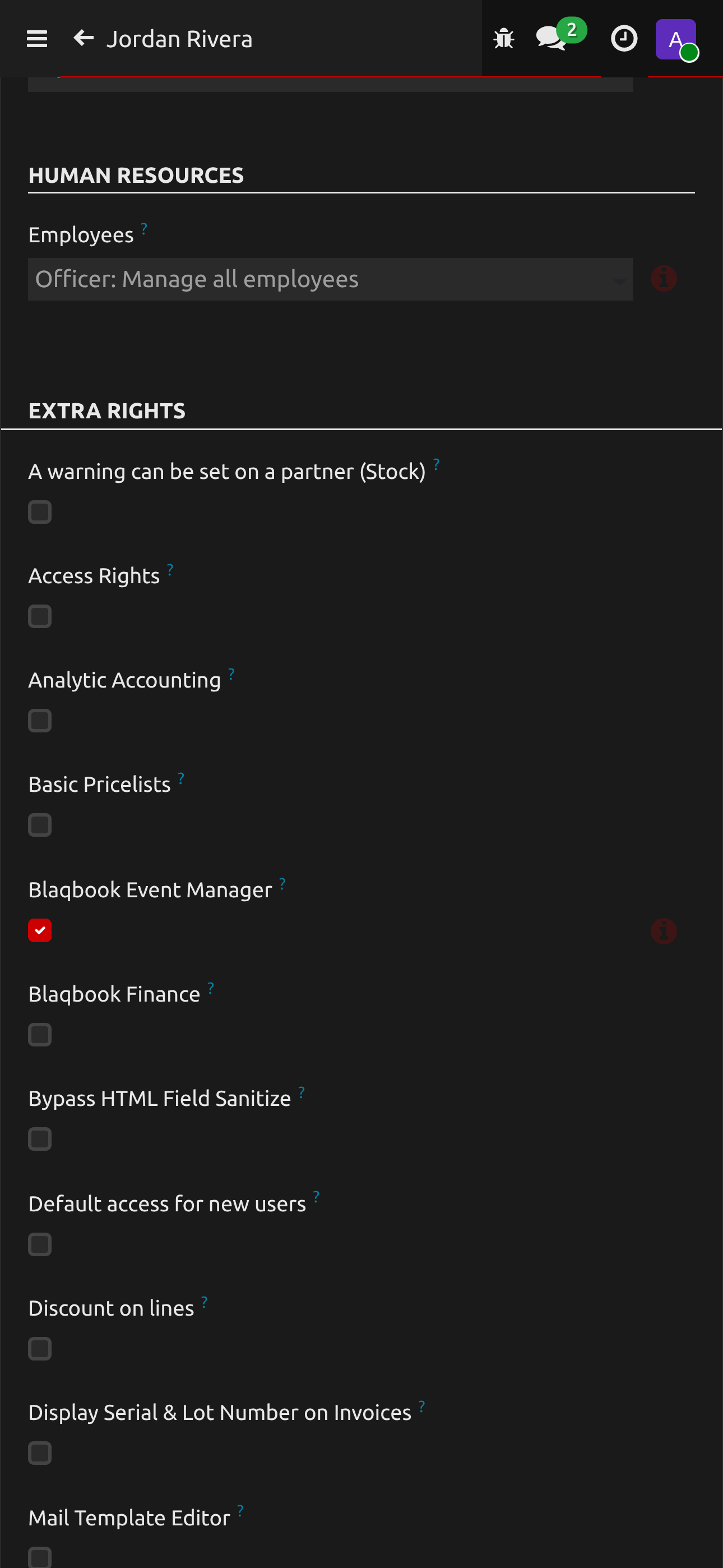 Settings with Developer Mode active — where the Extra Rights section lives